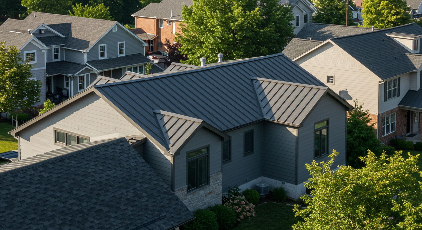 A close-up aerial view of a modern house with sleek, dark gray standing seam metal roofing surrounded by neighboring homes and green trees.