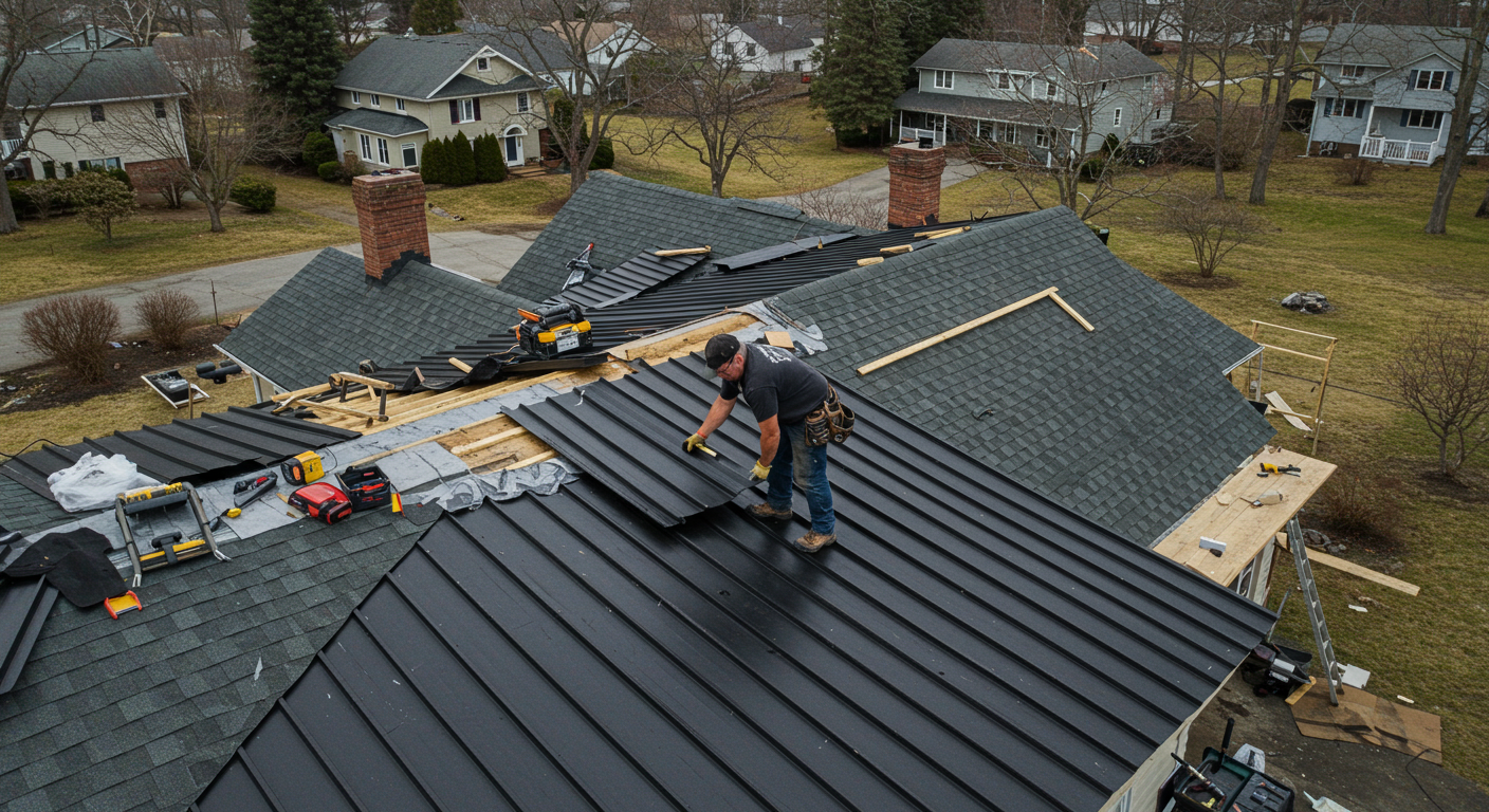 A construction worker installing black standing seam metal roof panels on a house, with roofing tools and materials spread across the roof.
