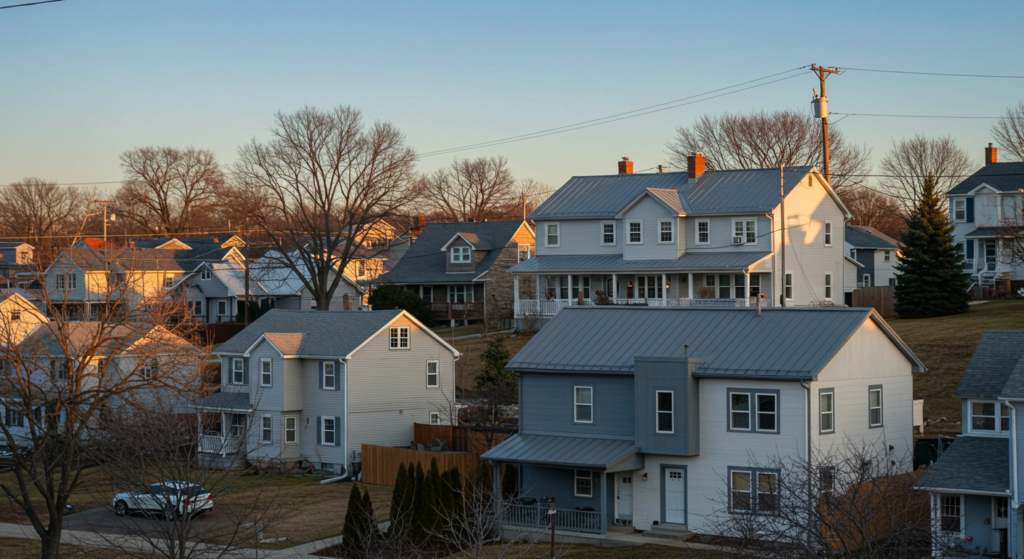 A residential neighborhood with several homes featuring gray metal roofs, captured during sunset with leafless trees and soft lighting.