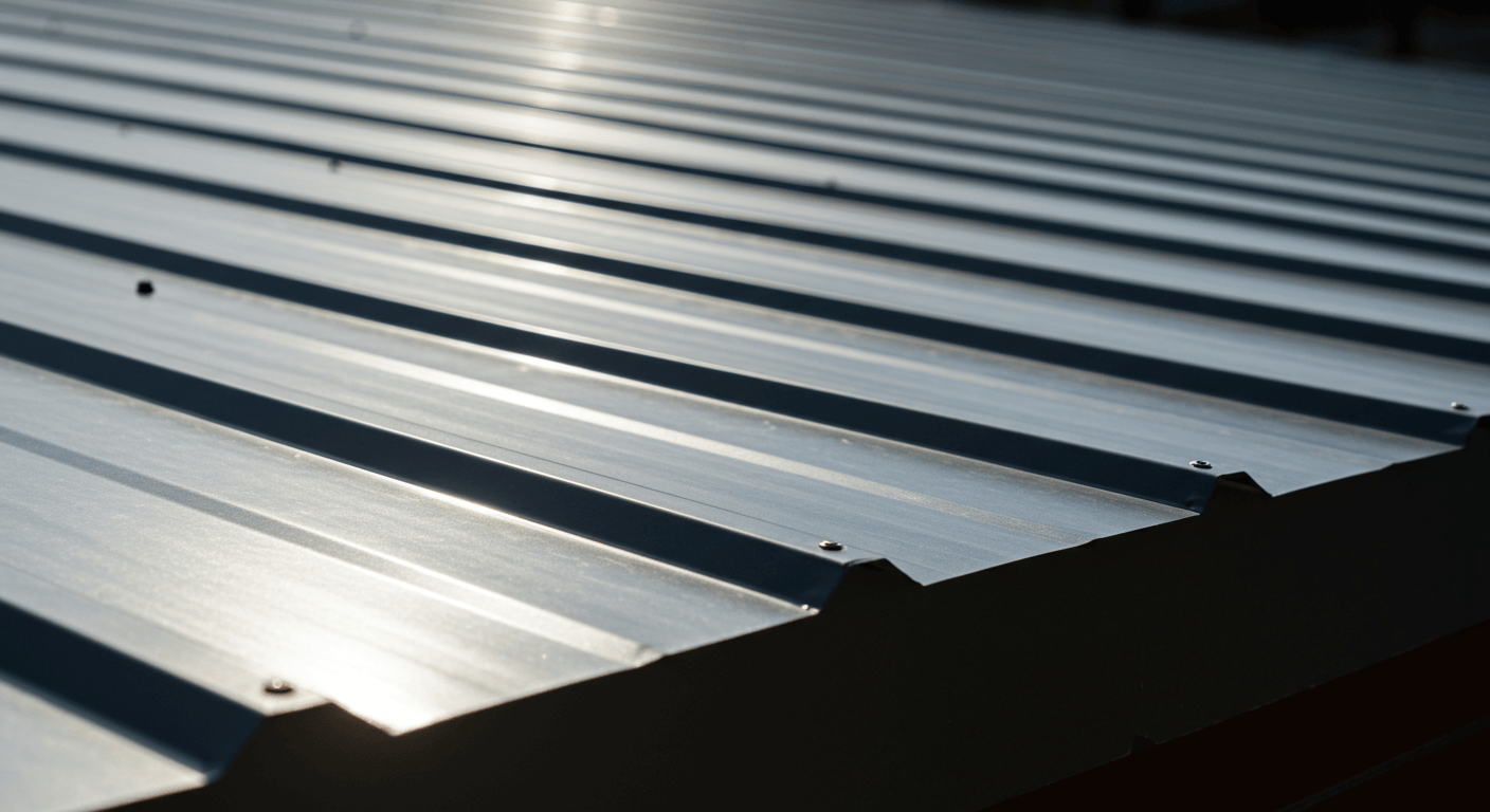 A close-up of a metal roofing panel with a glossy finish, showcasing its reflective surface and energy efficiency