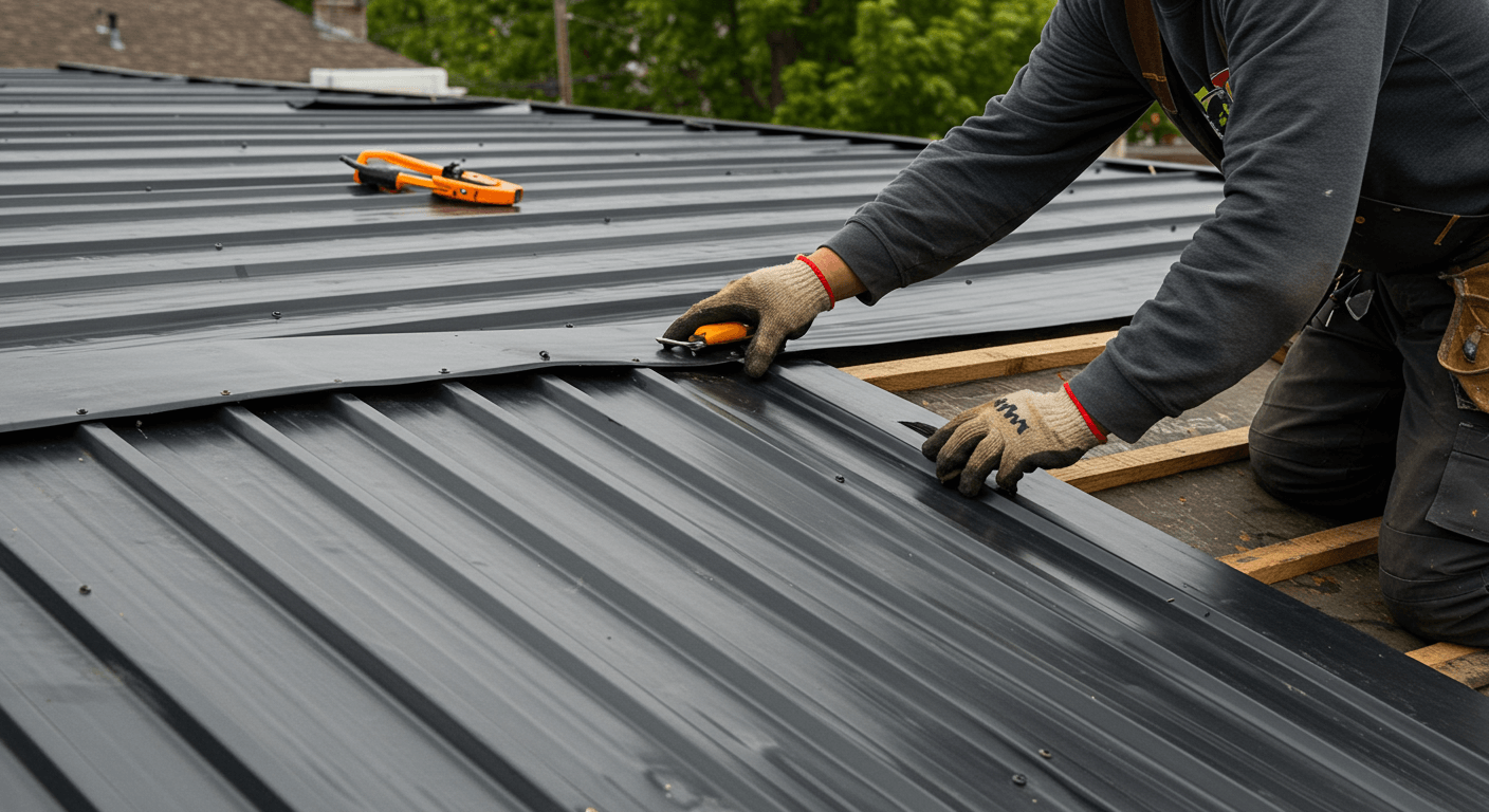 A contractor installing metal roofing panels on a Harrisburg home, highlighting the professional craftsmanship