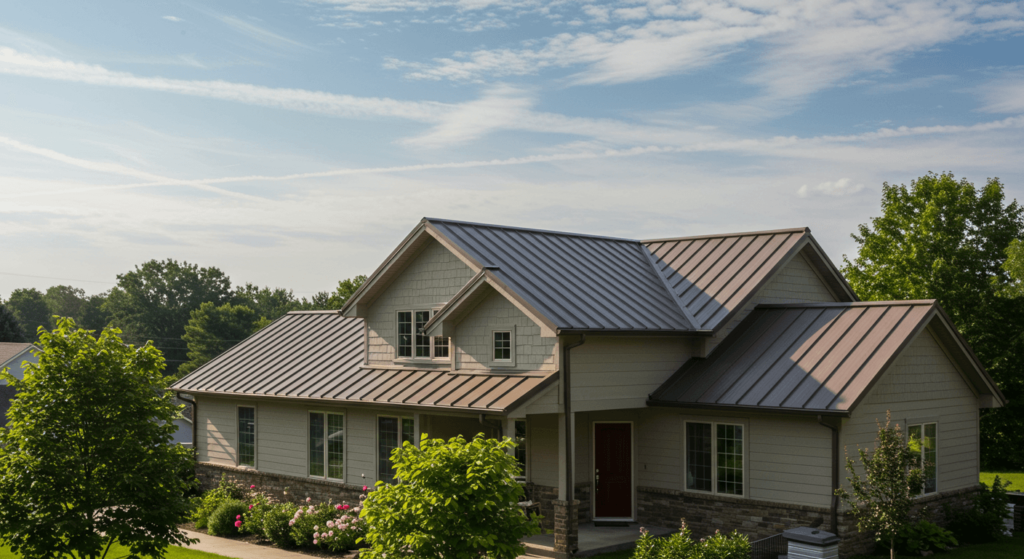 A residential home in Harrisburg with a newly installed, sleek metal roof, surrounded by greenery and a clear sky.