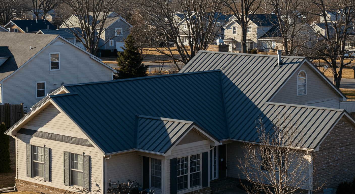 A vibrant Harrisburg neighborhood with homes showcasing sleek, reflective metal roofs.