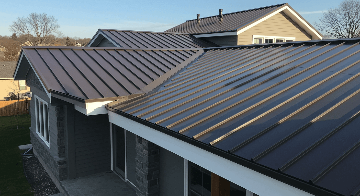 Sleek metal roof on a contemporary Harrisburg home, reflecting sunlight, offering both aesthetic appeal and durability.